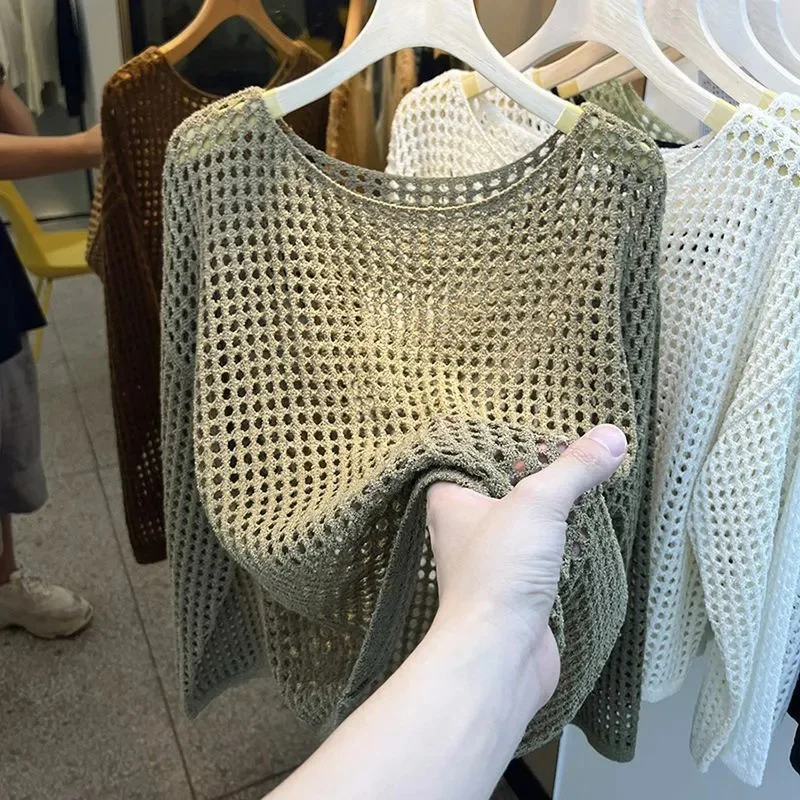 Long-Sleeved Hollow Out Jacket Women's Spring/Summer 2025 Thin New Knitting Net Coat Female Sunscreen Shirt Fashion Tops Ladies