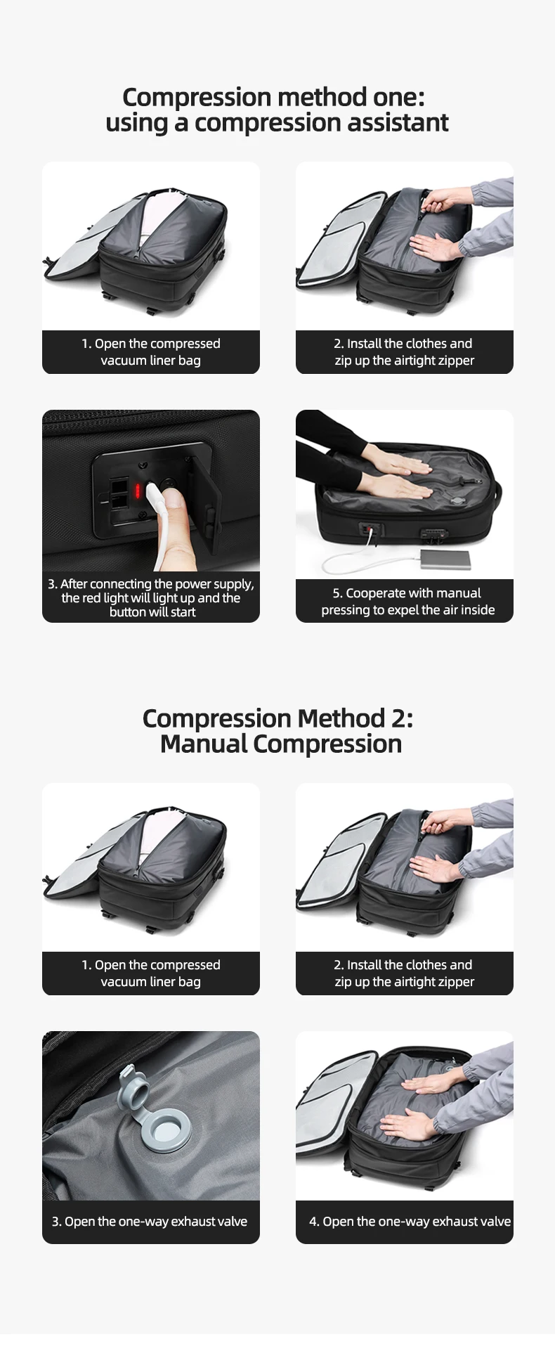 Herren-Reiserucksack mit One-Click-Start-Pumpe, Vakuum-Kompression, Laptopfach, Wandern, Outdoor, 17 Zoll, erweiterbarer Schulrucksack – Detail 5
