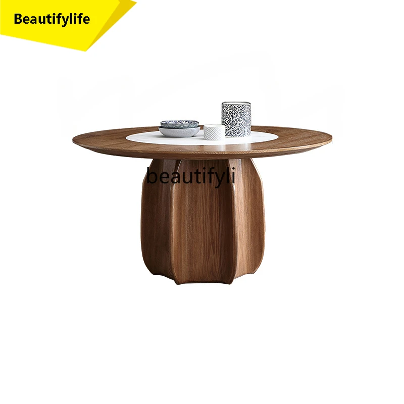 

X188 Nordic Solid Wood Stone Plate round Dining Tables and Chairs Set Simple Modern Home Embedded Turntable Large round Table