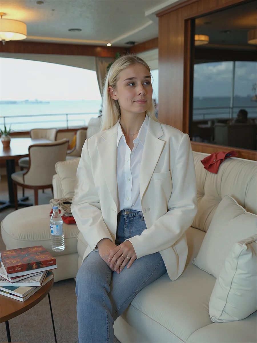 Effen klassieke blazers met enkele rij knopen voor dameskleding Dames Satijn-effect Romantisch wassen Eenvoud Ruche Mager Doorschijnend OL