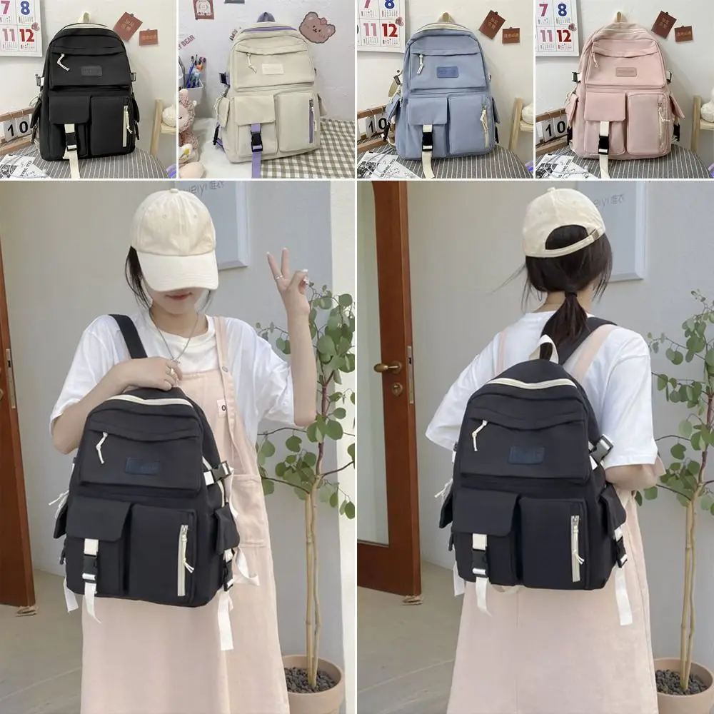 Simple Nylon Backpack Breathable Korean Color School Bag Large Capacity Multifunction College Backpack Teenage