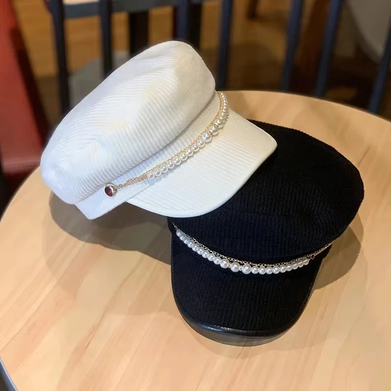 Fashion Pearl Chain Flat Top Navy Hat Beret Caps Brand Designer Autumn Winter Octagonal Newsboy Caps Hats Women's Sun Protection