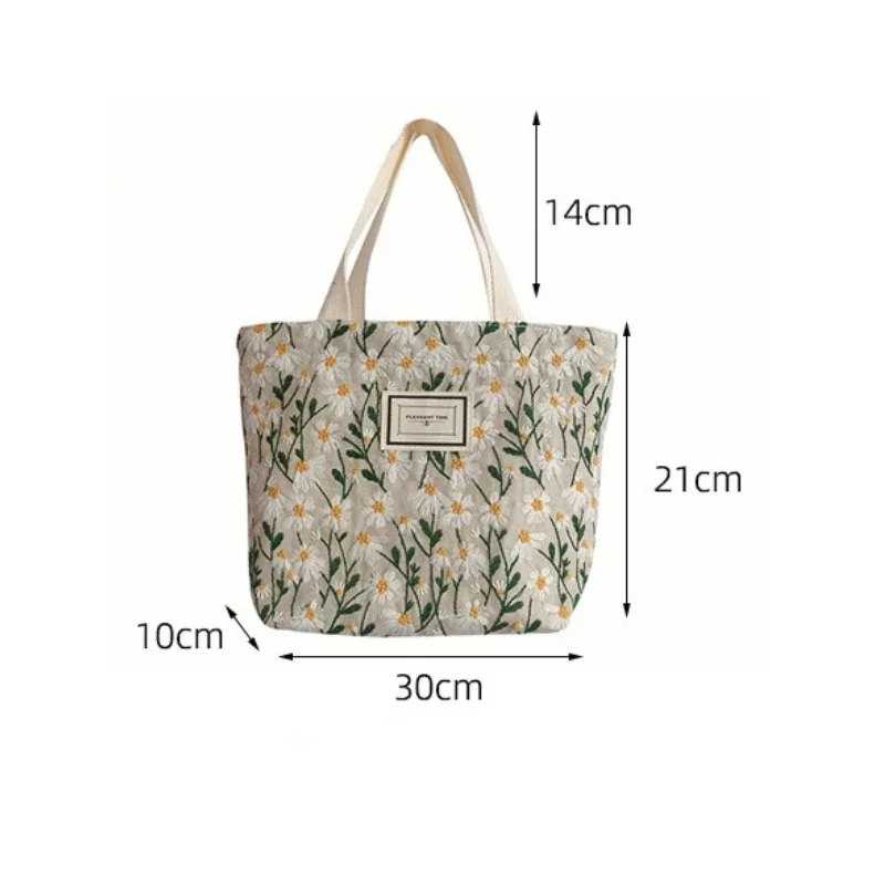 Sweet Embroidered Women\'s Bag 2023 New Daisy Flower Canvas Handbag Snack Storage Bento Bag Hand Carry Mommy Bag