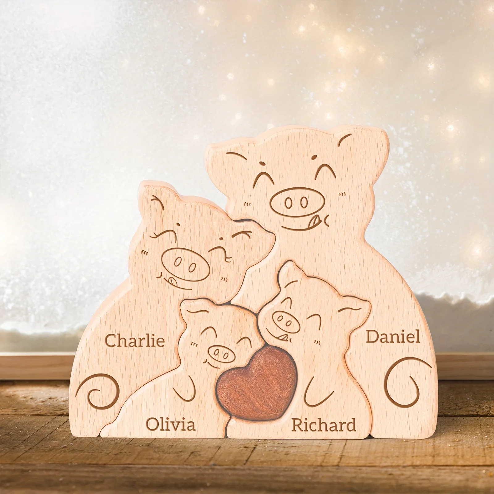 لغز عائلة الخنزير الخشبي المخصص، زينة اسم العائلة المخصصة، هدية خنزير علوية لتزيين المنزل في الذكرى السنوية لعيد الميلاد #5