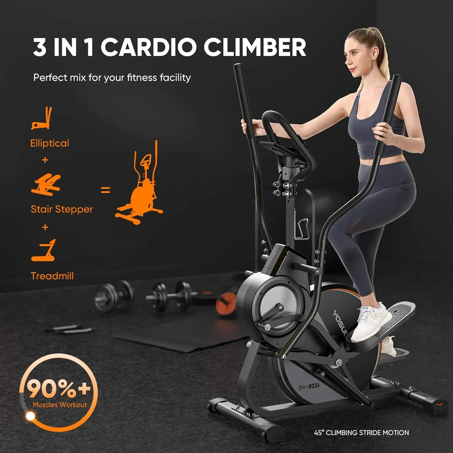 Cardio Climber Stepping Elliptical Machine, 3-in-1 Elliptical Machine Stair Stepper Trainer, Total Body Fitness Cross