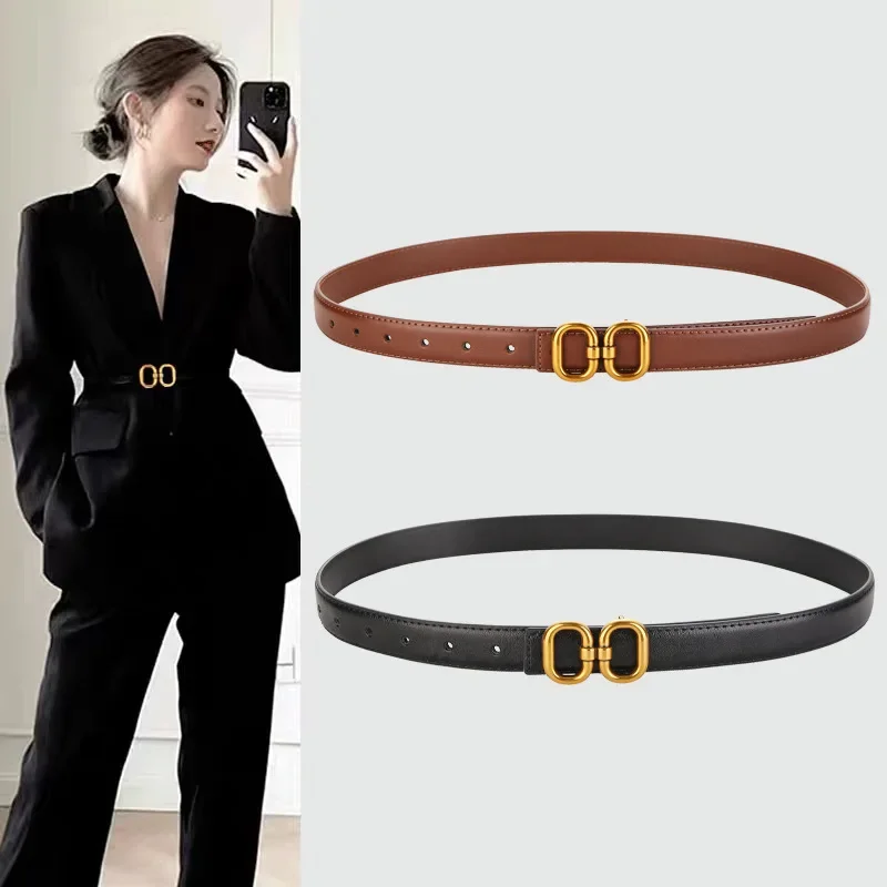 Korean Ins Women PU Leather Thin Belt for Jeans Pants Dress Wild Waistband Simple Double Round Snap Metal Buckle Waist Strap