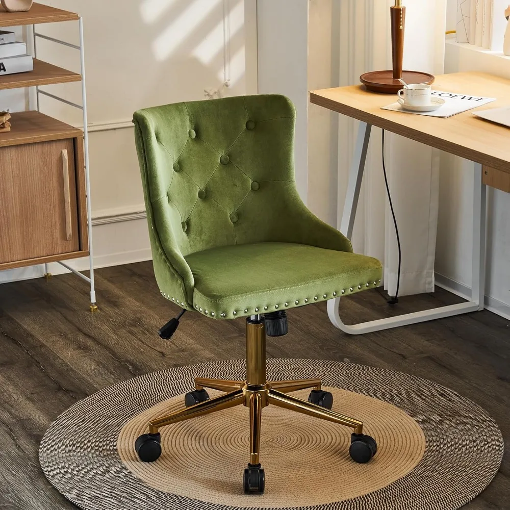 

Olive Green Velvet Armless Office Desk Chair with Gold Base/Wheels, Small Cute Vanity/Makeup Chair with Back for Bedroom, Uphol