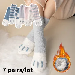 7 pairs Cat Paw Cute Socks Coral Fleece Winter Women Socks Animal Thick Thermal Floor Sleep Kawaii Candy Color Velvet Sock Warm