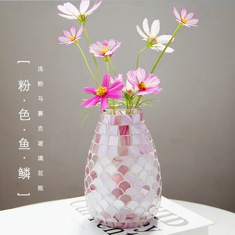 Nordic Pink Fish Scale Mosaic Glass Vase Fashion Home Office Flower Arrangement Container Decorative Ornaments Modern Home