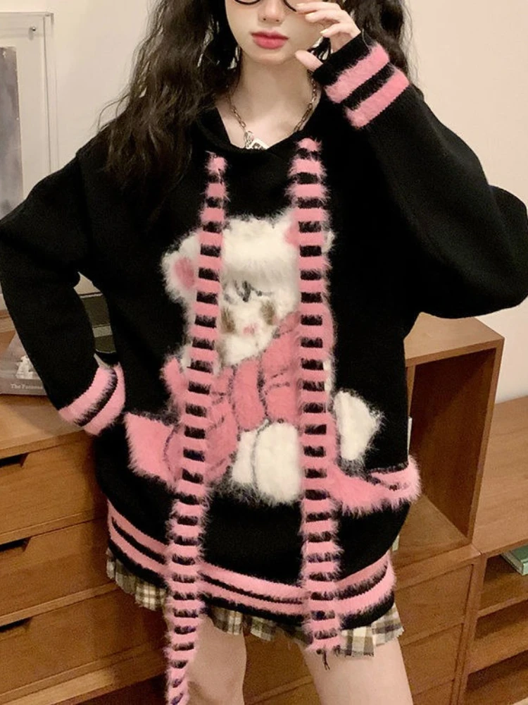 Japanse Y2k Subcultuur Herfst Winter Vesten Capuchon Harajuku Truien Leuke vrouwen Gestreepte Konijn Oor Jassen Mode Vrouwelijke