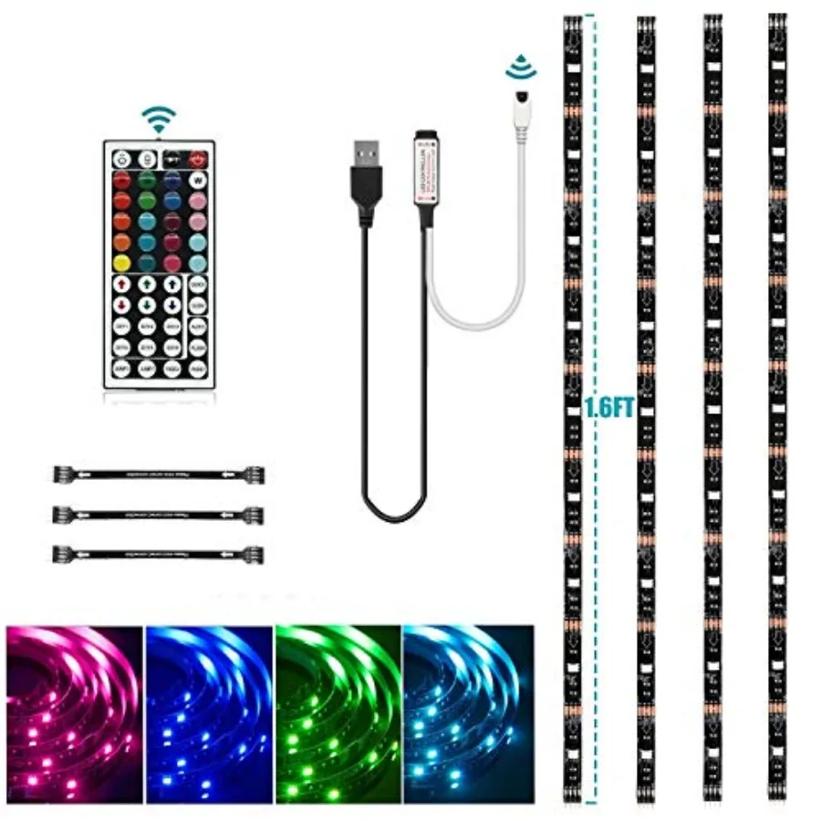 USB LED Strip Lights Kit, 4 Pre-Cut 1.64ft/6.56ft RGB LED Light Strips, Color Changing TV Backlights with Remote, RGB 5050 Bias