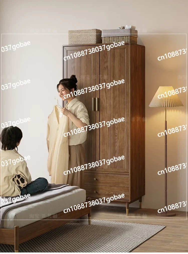 Solid Wood Wardrobe Bedroom Ash Modern Minimalist Two-Door Rattan Children Little Closet