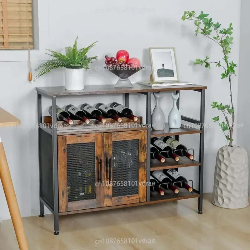 Wine Rack, Ironwood Storage Unit, Detachable Shelving Unit, Coffee Bar Cabinet with Double Doors, Multifunctional Wine Rack