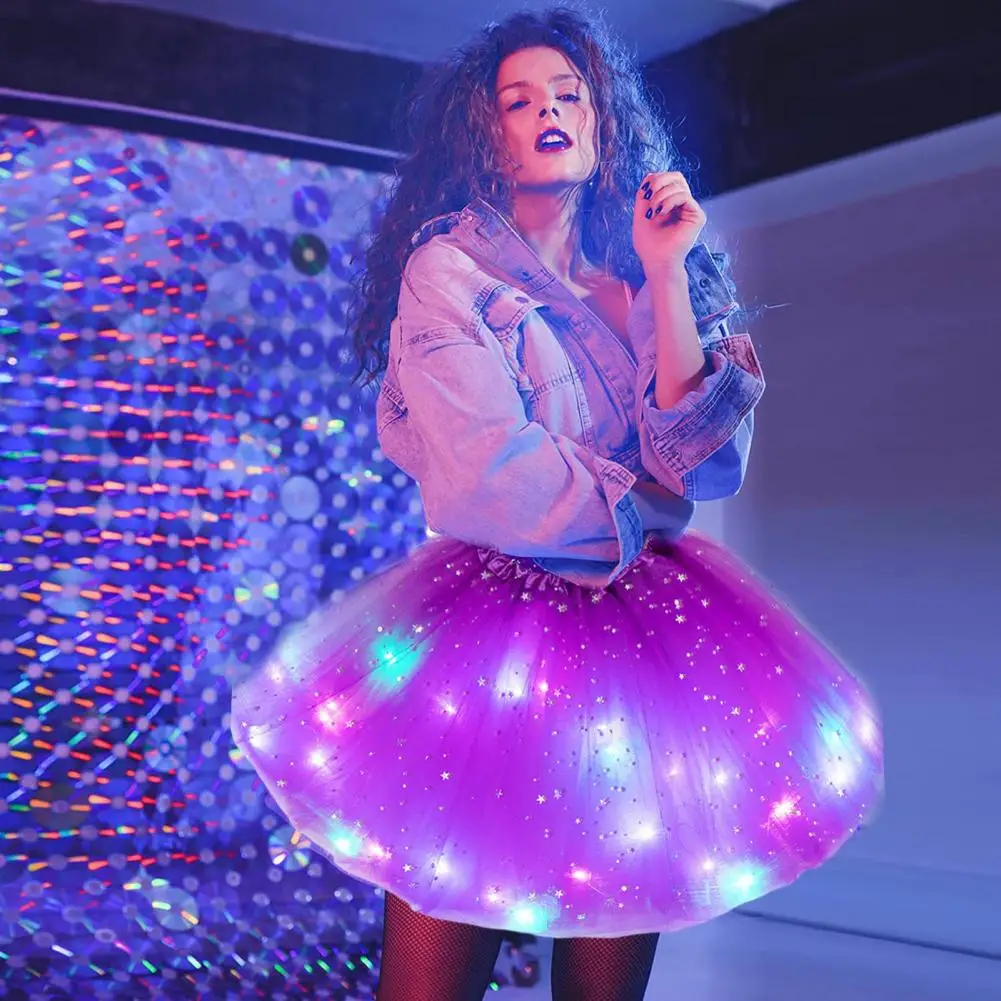 Women LED Skirt Mini Pleated Luminous Skirt Star Sequin A-line Loose Hem Lace Club Dance Party Performance Short Skirt