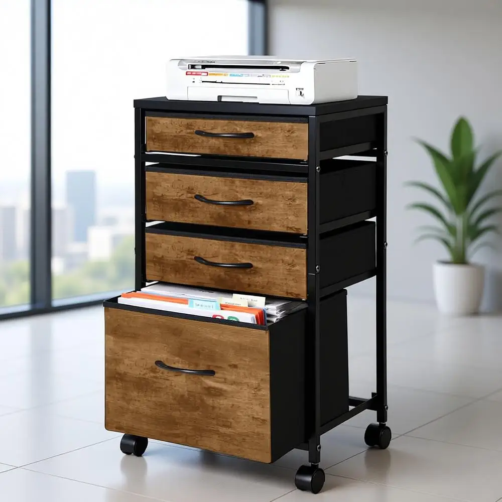 

Mobile Metal Printer Stand with Fabric Drawer, A4 Storage, Under Desk Organizer for Home Office (Brown)