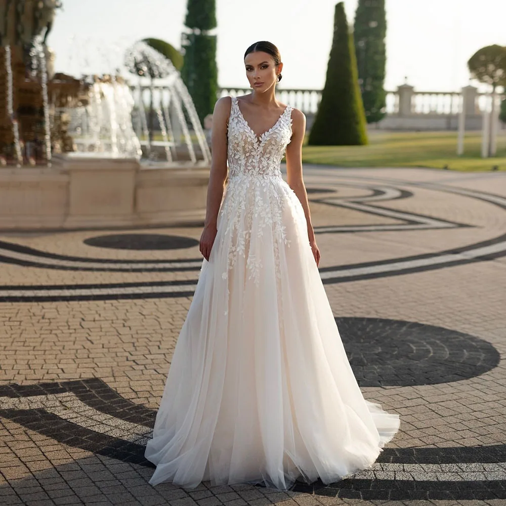 

Msikoods Wedding Dresses 2025 Customized Lace Appliques V Neck Bride Dress Sleeveless Tulle A Line Backless Boho Bridal Gown