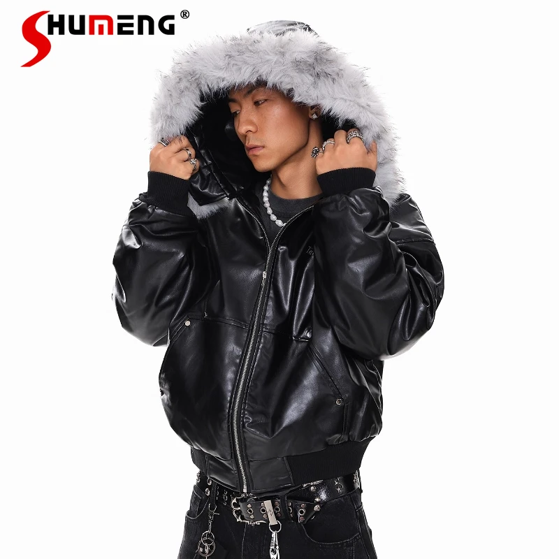 

Men's 2025 Winter New Cotton Jacket Fashion Detachable Fur Collar PU Parka Cotton Coat