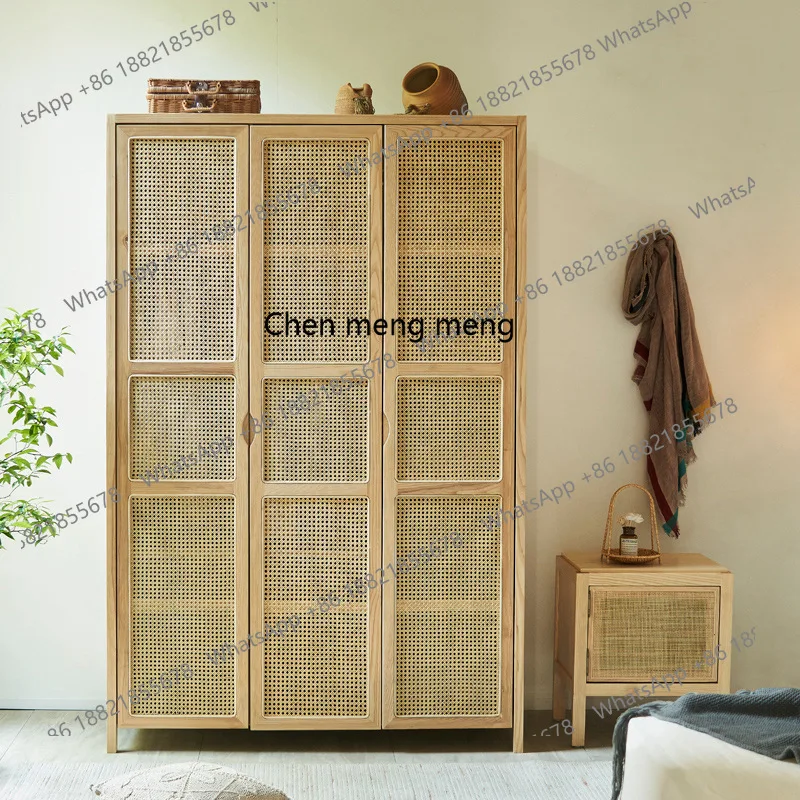 

Nordic rattan solid wood wardrobe household ash wood, behind the locker, bedroom sliding door
