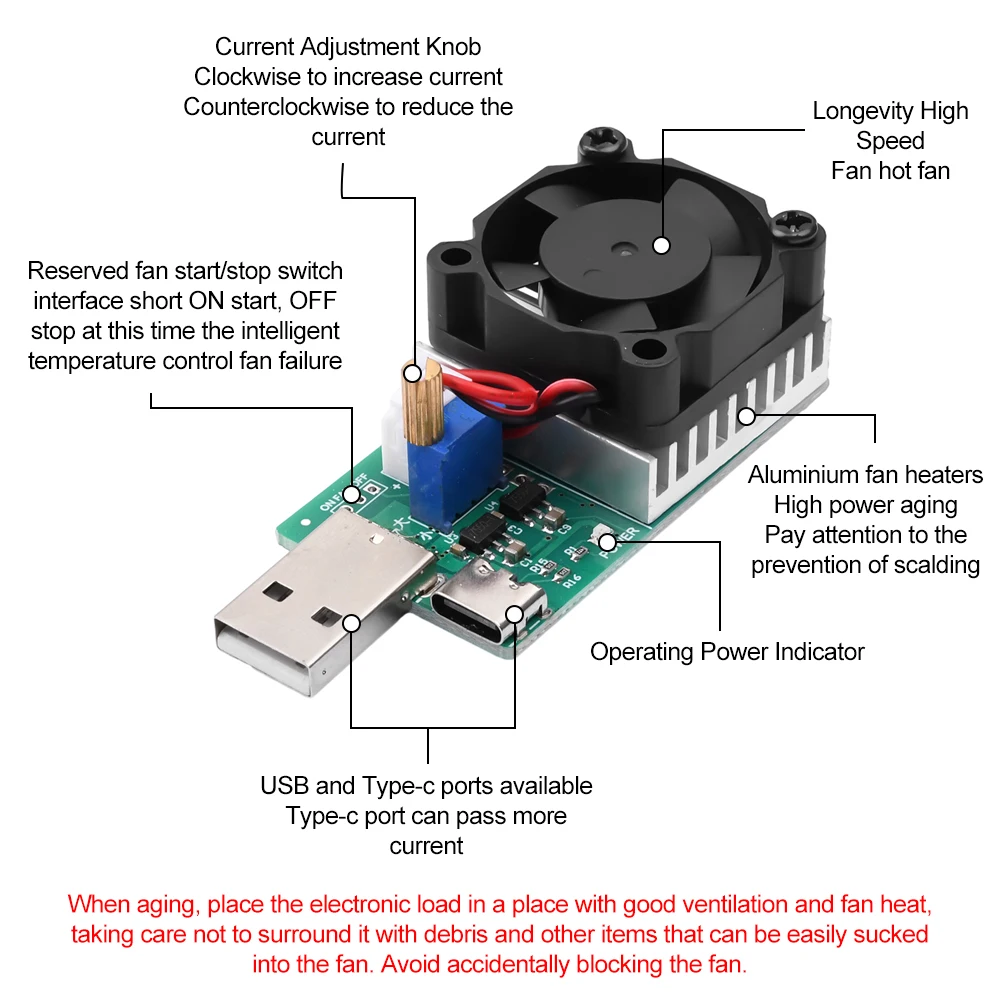 18W/22.5W 3.7V ~ 13V obciążenie Tester rozładowania zasilania USB/typ C 0.15A ~ 3A regulowany rezystor moduł testowy z wentylatorem chłodzącym