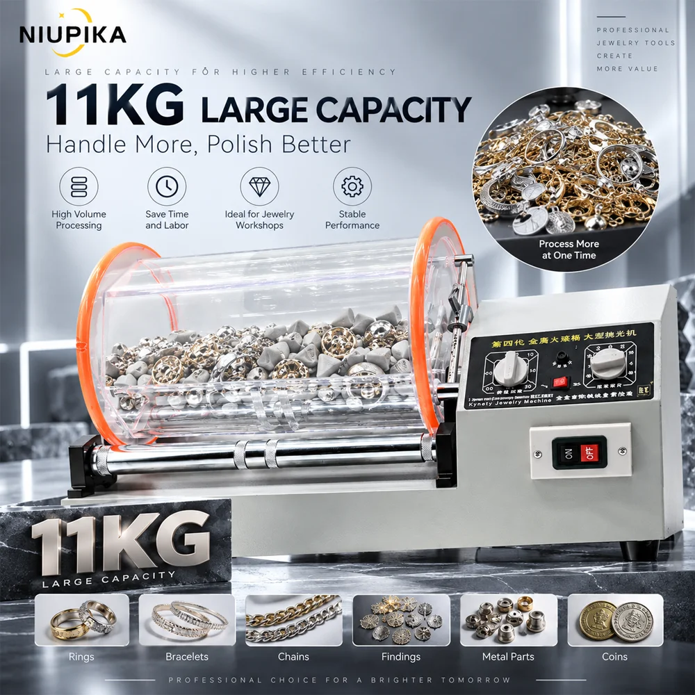 NIUPIKA 22KG Rotary Tumbler Jewelry Polishing Machine Metal Finishing Deburring Machine Jewelry Cleaner Barrel For Gold Silver R