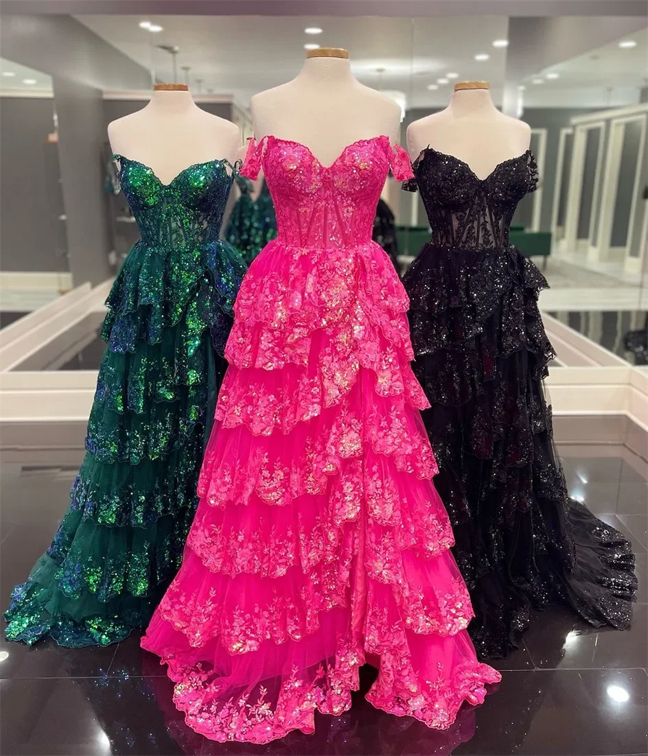 Black Tiered Ruffles Tulle Prom Dresses Appliques Lace Off the Shoulder Pleat Evening Gown Graduation Party Dress 2024