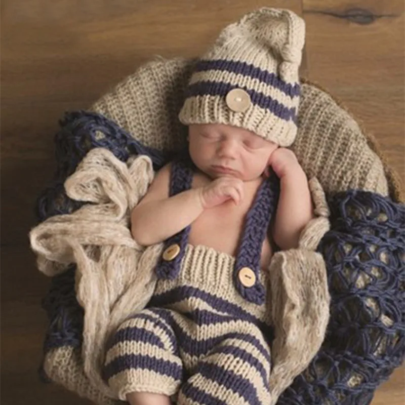 Newborn twins studio photo shoot props costume boy handsome cool style knitted suspenders suit