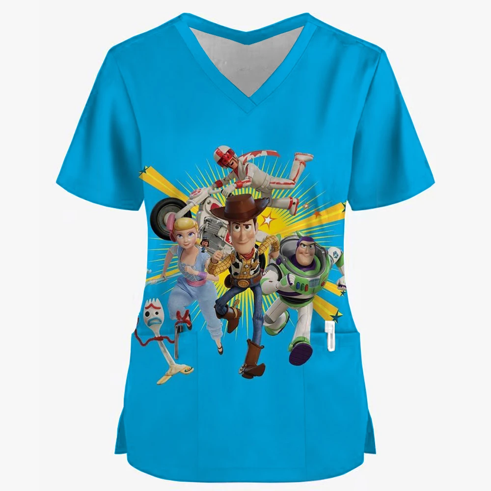 Toy Story 4 Nursing Work Scrub Women's Short-sleeve V-neck Clinic Nurse Uniform Protective Clothing Care Worker Lab Tops