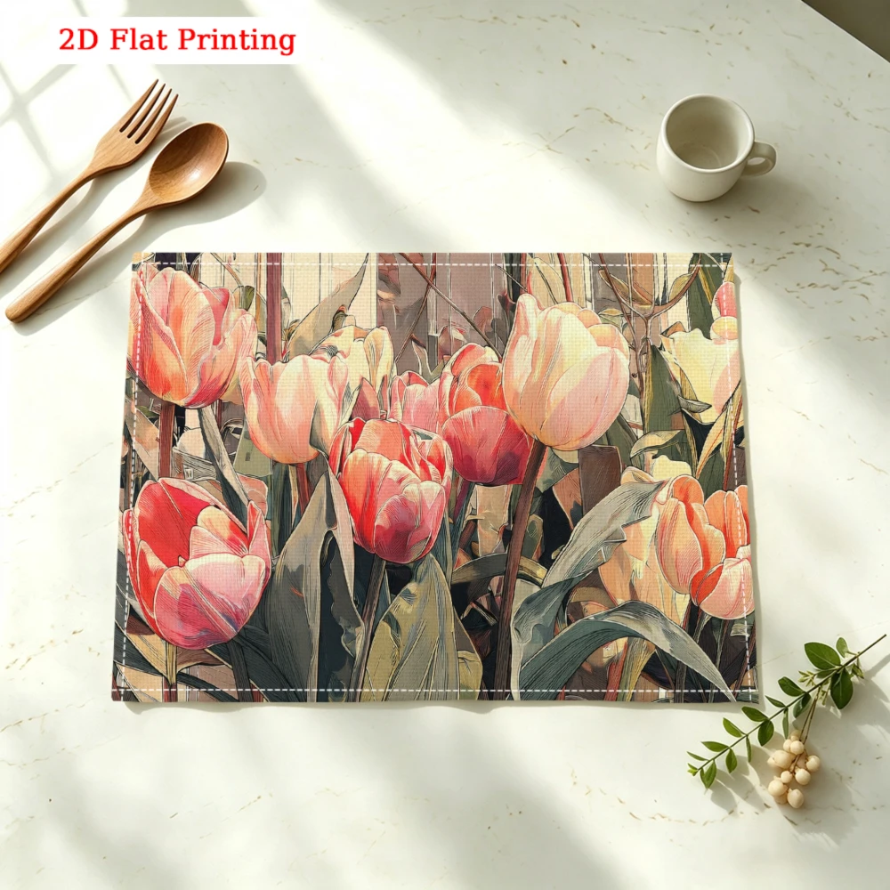 Vibrant Tulip Floral Art Print Kitchen Placemat Coaster Linen Pad Dish Coffee Cup Table Mat 30x40cm Home Decor