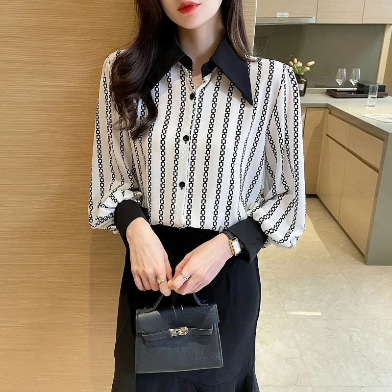 Fashion 2024 Spring New Chiffon Blouses Women\'s Striped Printed Contrast Color Polo Collar Button Loose Retro Long Sleeve Shirts