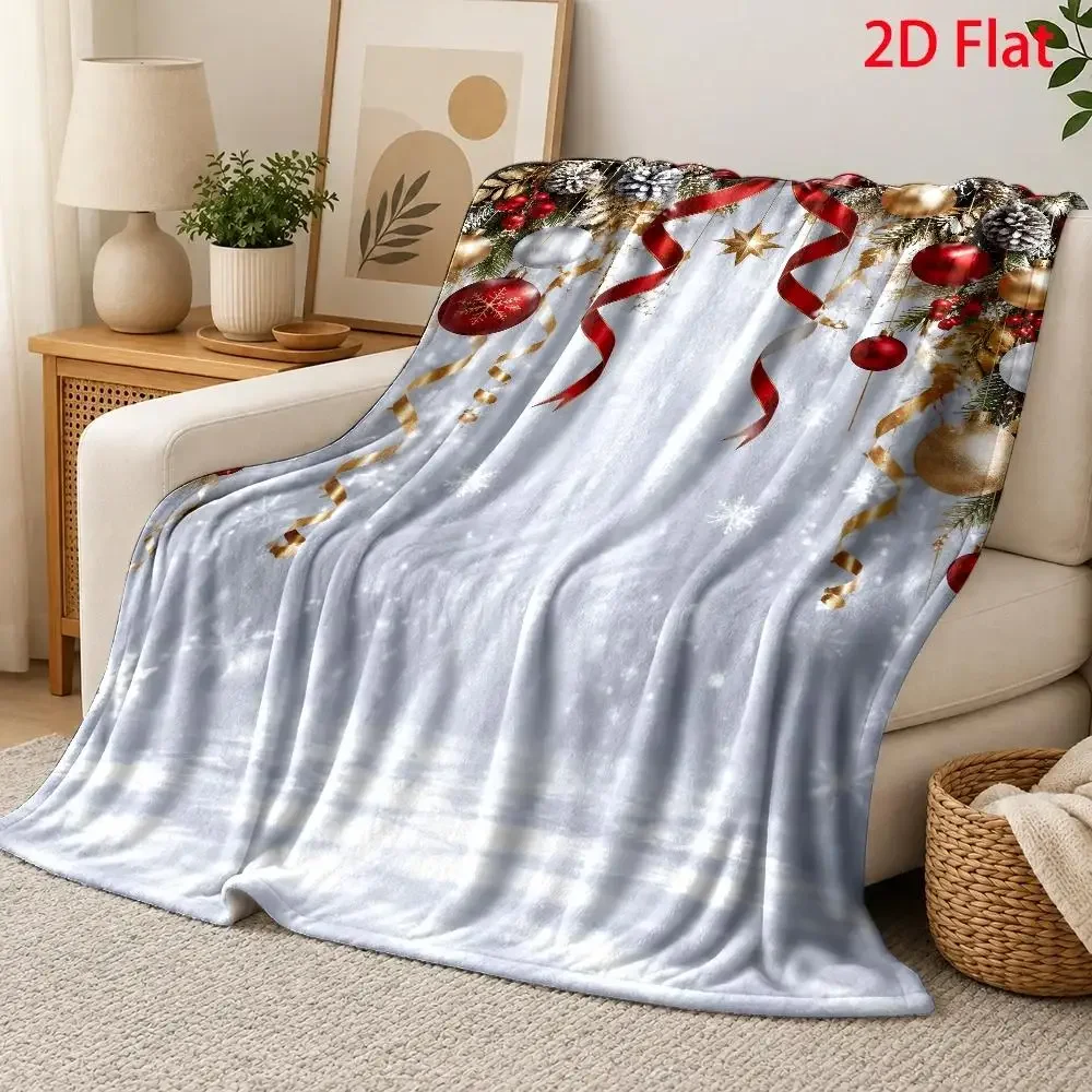 1pc 2D Flat Throw Blanket, Christmas Ornaments & Pinecone Pattern, Farmhouse Style, Red Gold Silver Baubles Decor Blanket