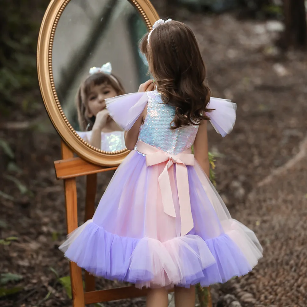 Kids Girls Flutter Sleeve Sequins Tulle Tutu Princess Dress For Children Birthday Ceremony Festival Party Performance Ball Gown