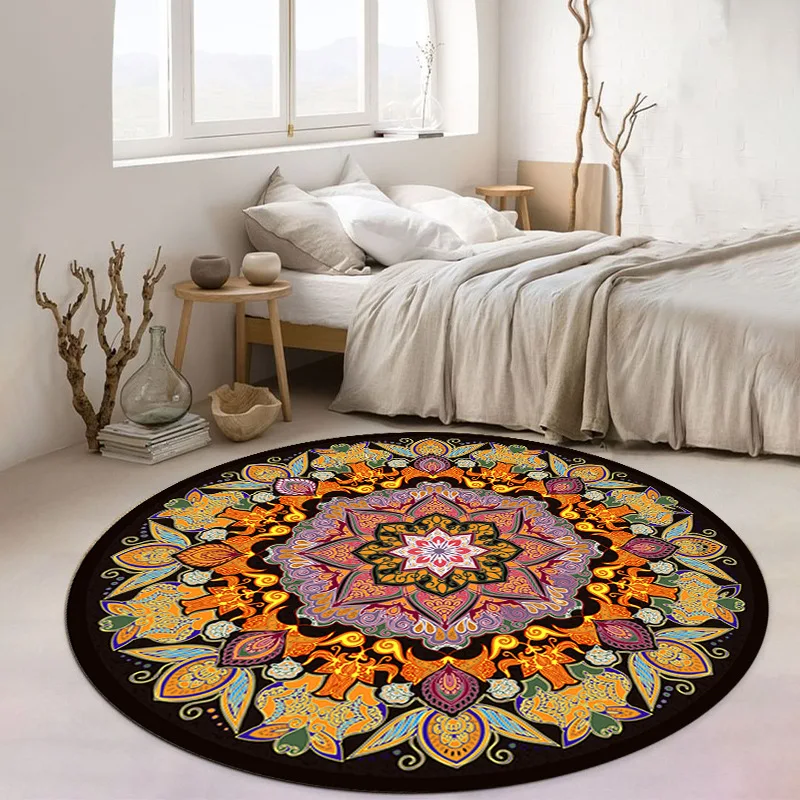 Mandala Round Rug Geometric Floor Carpet Art Deco Circle Mat Traditional Anti Slip Mat Black Area Rugs for Living Room  Area Rug
