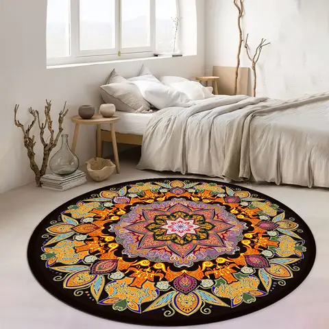 Mandala Round Rug Geometric Floor Carpet Art Deco Circle Mat Traditional Anti Slip Mat Black Area Rugs for Living Room  Area Rug