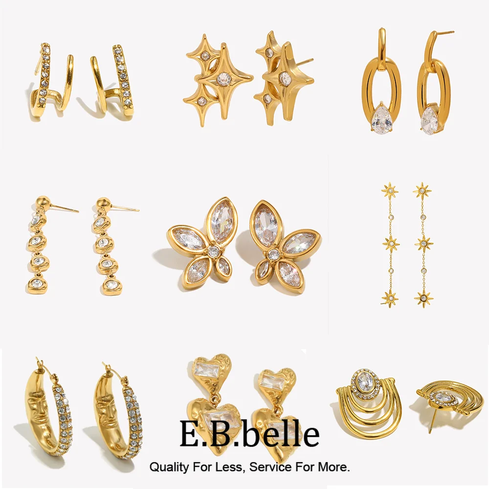 E.B.belle CZ Rhinestone Butterfly Women's Stud Earrings 18K Gold Plated Stainless Steel Earrings Fashion Hypoallergenic Jewelry