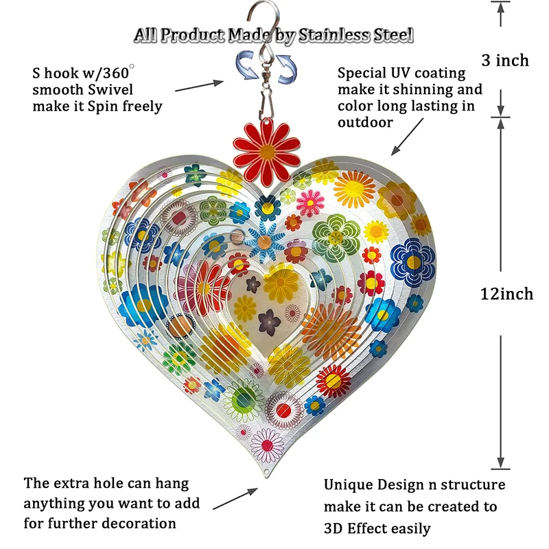 PSATENATI-Aço Inoxidável 3D Coração Vento Spinner, Geométrica Cinética Quintal Decorações, interior e exterior, Arte Amor prateado, 12in