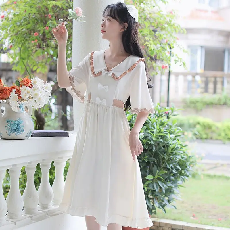 Sweet Peter Pan Collar Bandage Folds Bow Princess Dress Female Clothing 2024 Summer New Loose All-match Flare Sleeve Midi Dress