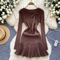 Y2K Sweet Knitted Short Dress Ladies Buttons O-Neck Bow Bodycon Chic Design Autumn Temperament OL Sweater Dress