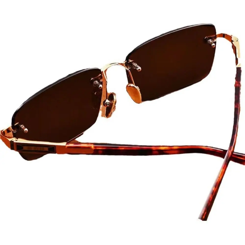 نظارات شمسية للرجال بدون إطار، نظارات شمسية بدون إطار من حجر الكريستال الأخضر بطبعة الفهد لركوب الدراجات، ظلال سوداء معدنية للاستخدام الخارجي