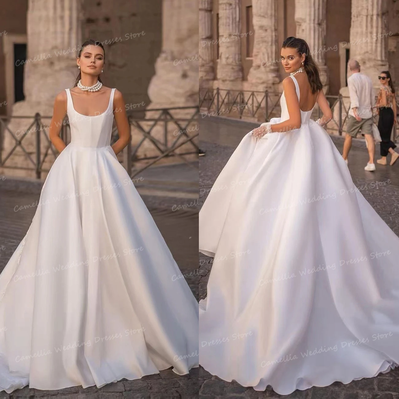 Luxury Square Collar Wedding Dresses A Line Women's Sexy Sleeveless For Bridal Gowns Sweep Train Elegant Vestidos De Novias 2024