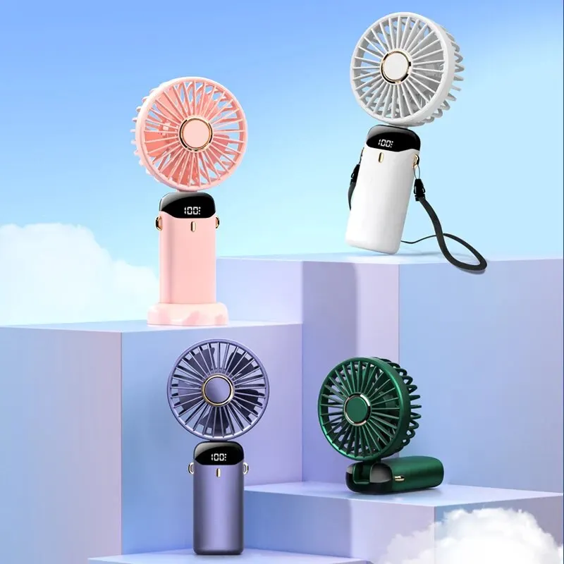 Mini ventilador de mano USB, ventilador portátil plegable para colgar en el cuello, 5 velocidades, recargable, con soporte para teléfono y pantalla