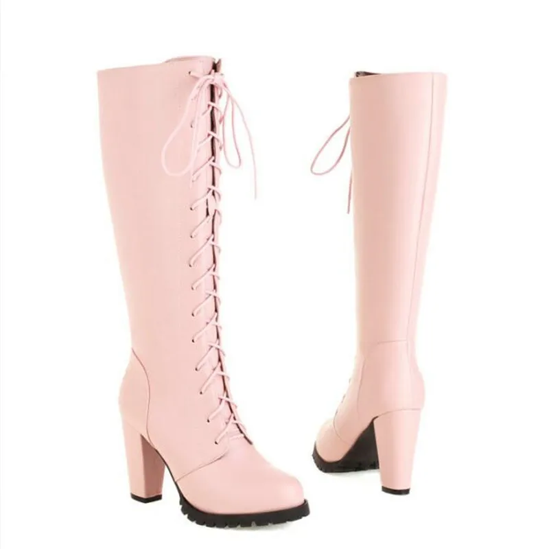 Women Knee-High Motorcycle Boots Cross Tied Thick Heel Platform Female Wedding Party Girl Princess Shoe Lolita Knight Boots32-46