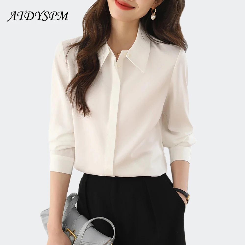 

Classic White Satin Blouse Women Simple Design Hidden Breasted Turn-Down Collar Office Lady Basic Formal Shirts OL Tops 2024