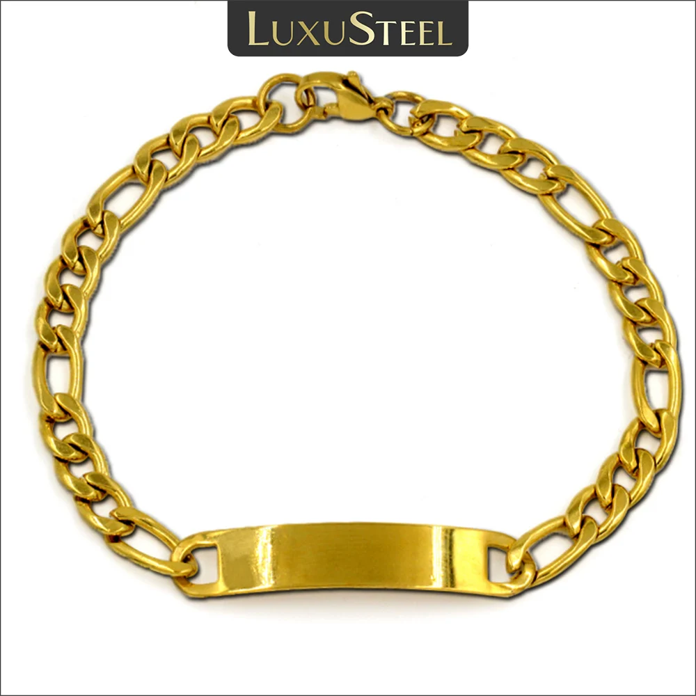 LUXUSTEEL Men\'s Stainless Steel Bracelet Golden Plated Bar Cuban Link Chains Bracelets For Women Jewelry Accessories