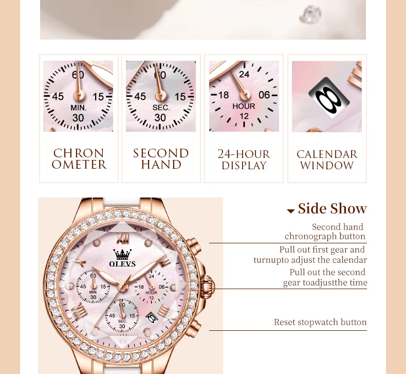 OLEVS Women Watch Chronograph Elegant Rhombus Mirror Diamond Pink Dial Ceramic Watch Strap Stainless steel Quartz Hand Clock NEW