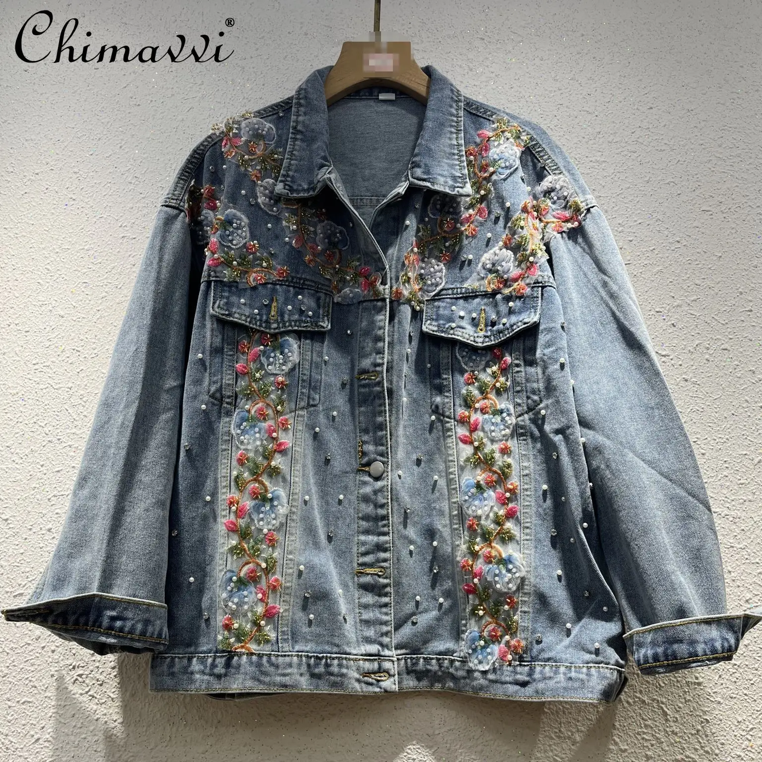 

2026 Autumn New Fashion Floral Embroidered Denim Jacket Women's Heavy Beaded Loose Versatile Streetwear Ladies' Coat Tops