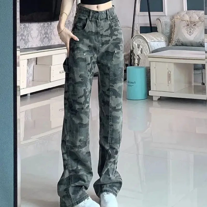 Womens Jeans Retro High Waist Shot Trousers Camouflage Denim Pants for Women Xxl Teenagers Stretched Fashion Casual Shiny Unique