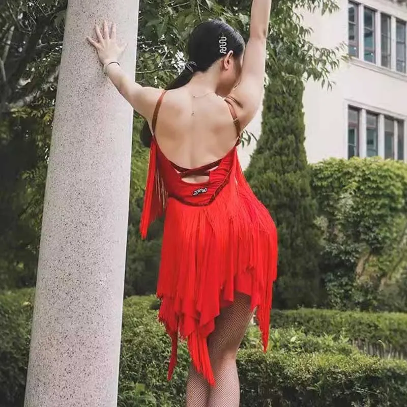 فساتين النساء اللاتينية الرقص هامش مثير الأحمر فستان بكتافة المنافسة اللاتينية أداء المرحلة ارتداء تشا تشا سامبا الرقص الزي 1704