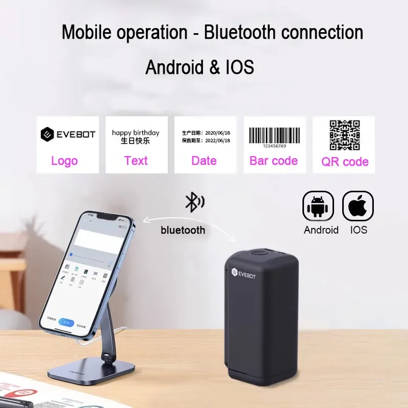 EVEBOT Handheld Printer Mini Portable Inkjet Printer Quick Drying Ink Cartridge Bluetooth Connection for Customized DIY Logo