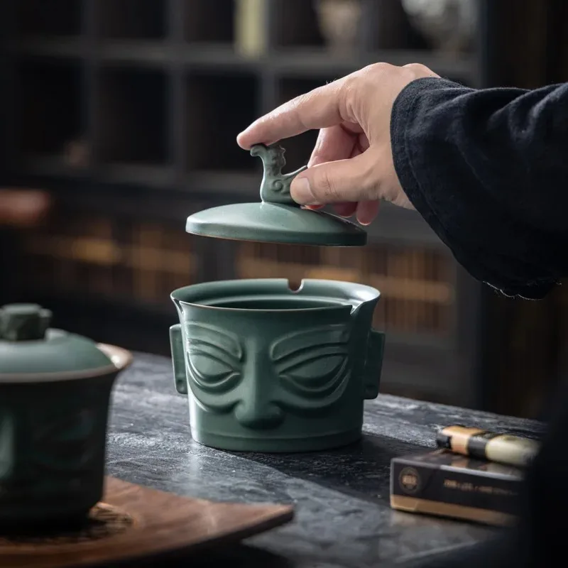 

5 pieces Sanxingdui bronze bird ashtray high-end merchandise ceramic with cover anti-fly ash creative new Chinese