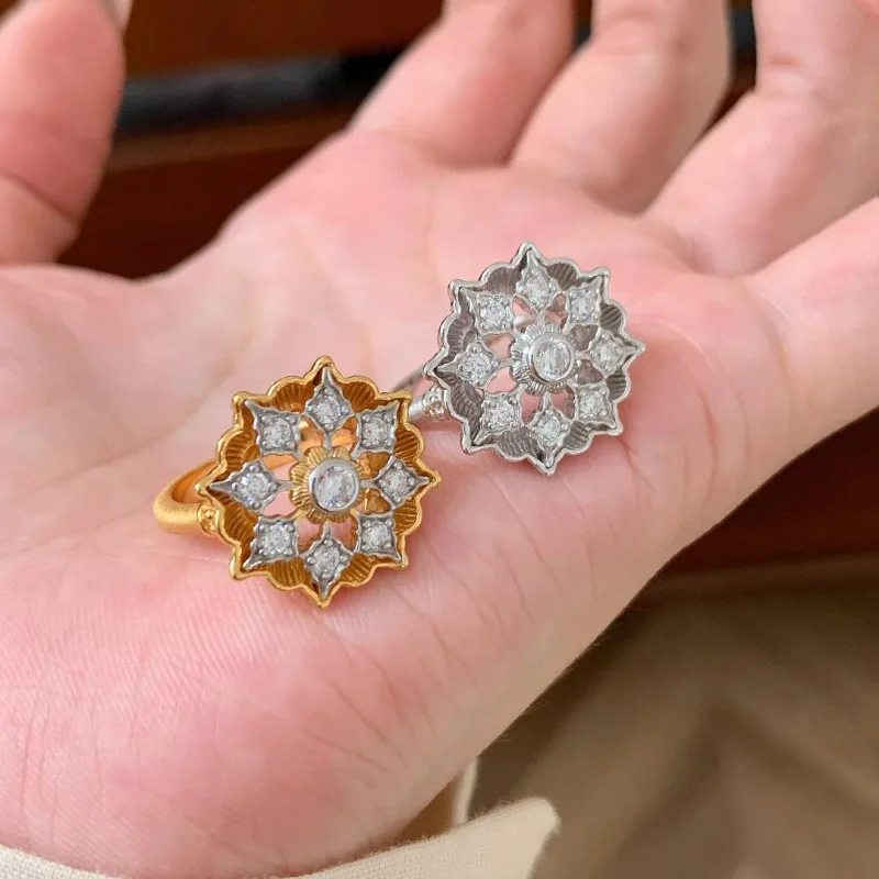 Buchi نمط الفضة نحى الزركون الدانتيل ندفة الثلج حلقة مفتوحة المرأة المتخصصة تصميم الأزياء الخفيفة الفاخرة والمجوهرات الرائعة